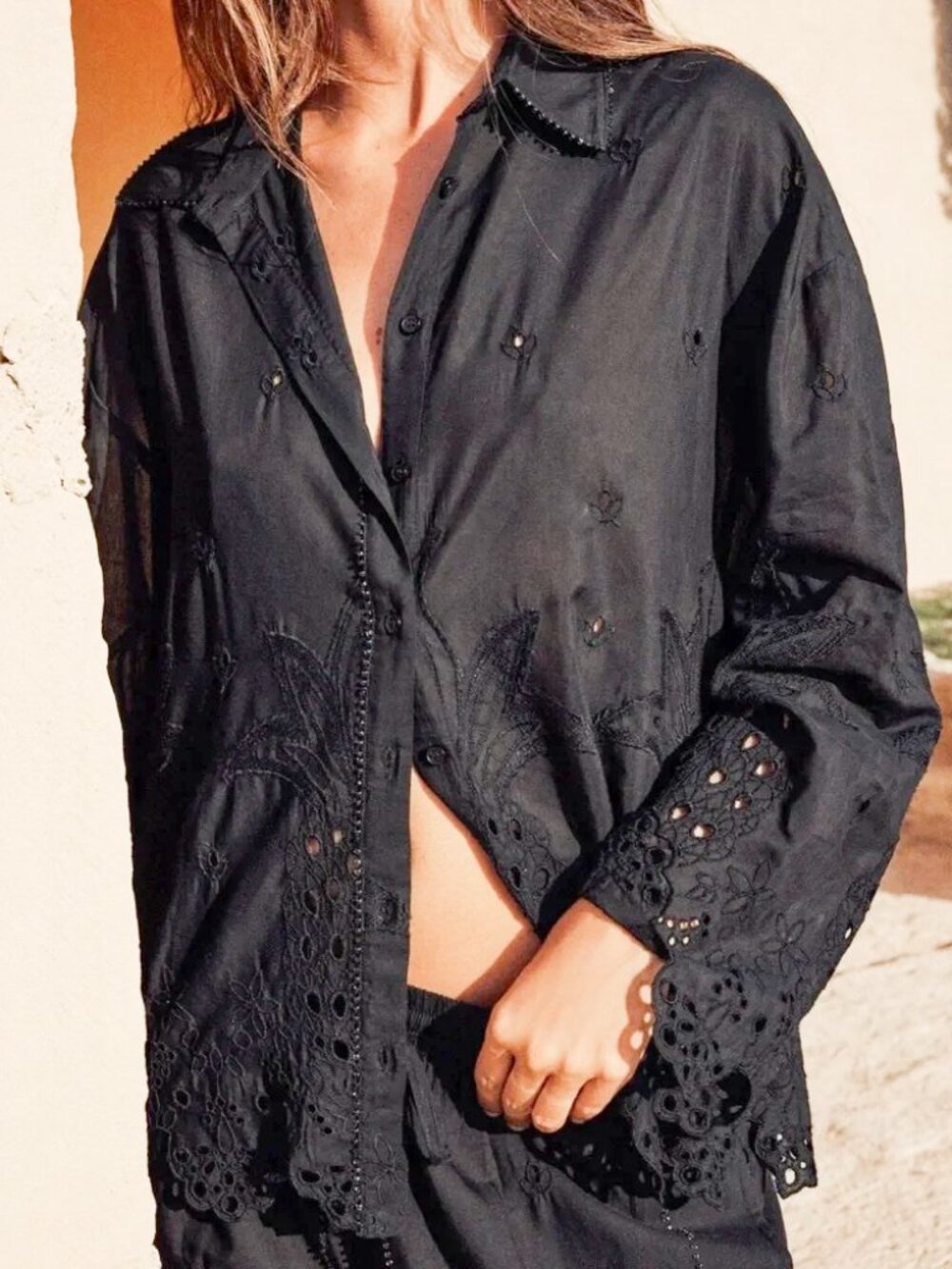 Zara Black Beaded Top with Intricate Cutwork Embroidery XL